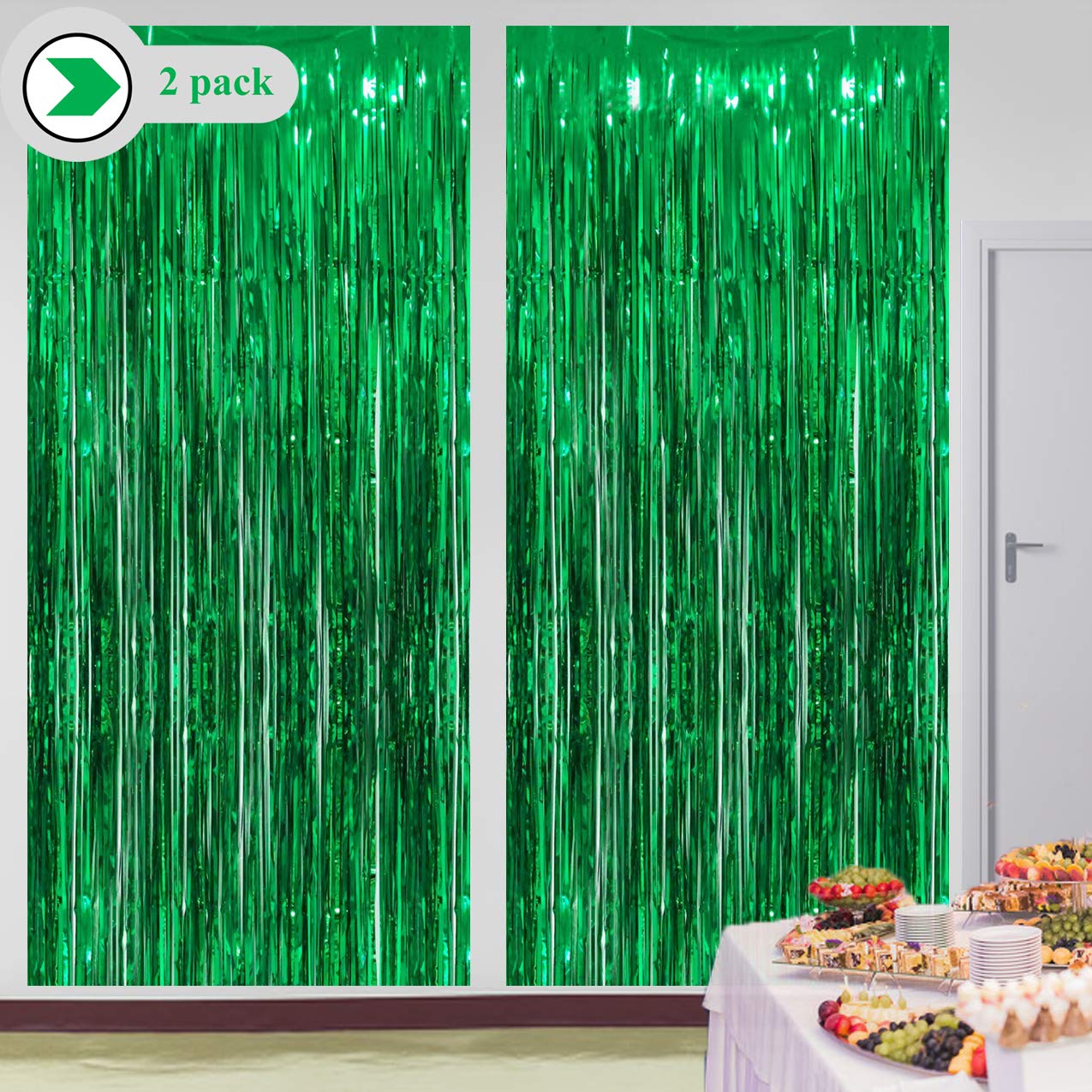 3 Ft X 8 Ft Metallic Green Foil Fringe Curtains Door Window