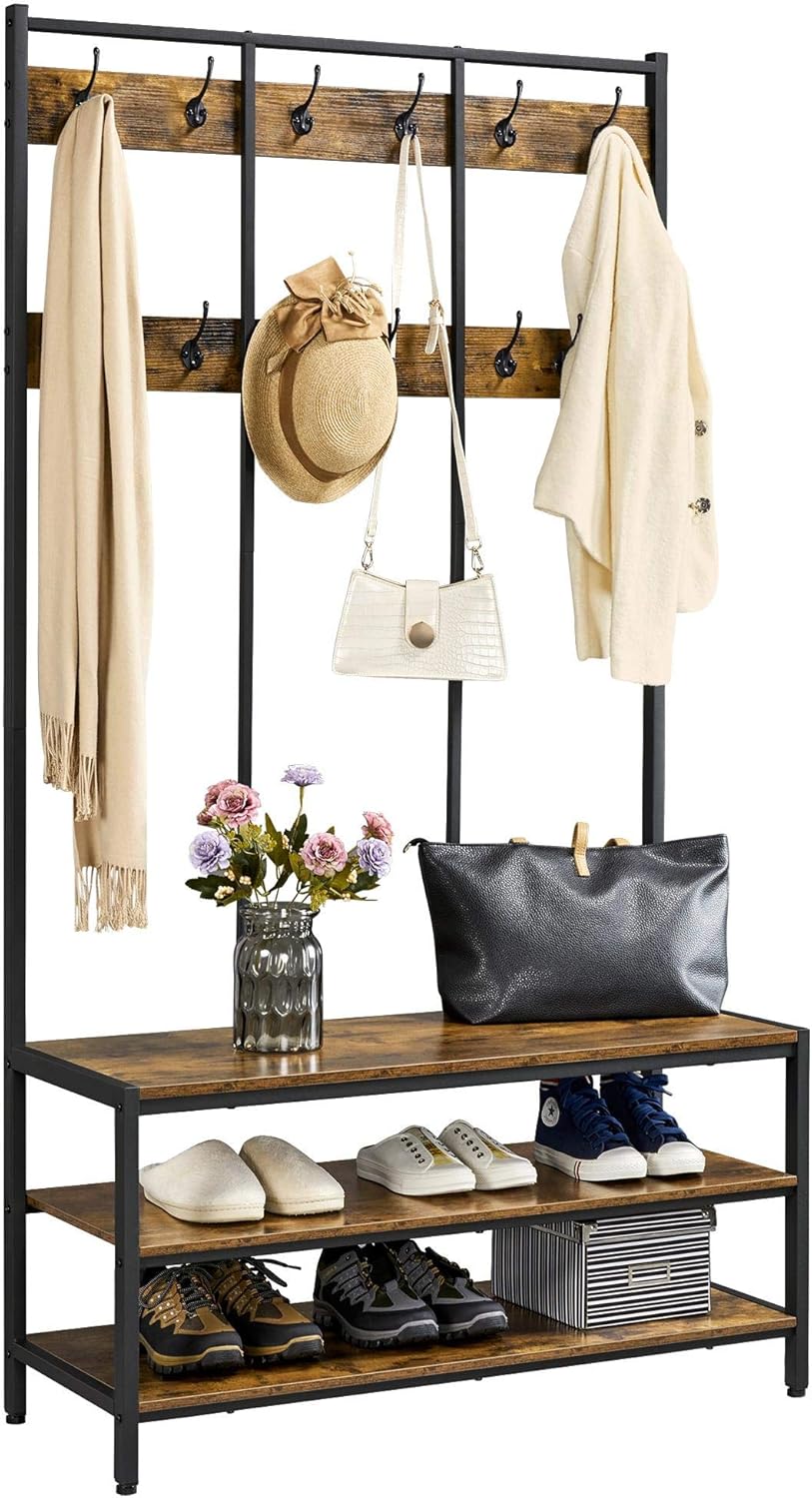 hallway shoe bench on Coat Rack Shoe Bench 3 In 1 Hall Tree With 2 Shelves 24 Hooks Yaheetech Large Hall Tree Entryway Storage Bench Industrial Hall Tree With 2 Tier Storage Shelf Rustic Brown Furniture Home