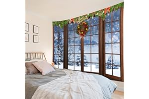 HVEST Christmas Tapestry Wall Hanging Winter Snow Forest outside Brown Window Tapestry for Bedroom, Nature Landscape Christmas Wall Art for Living Room Dorm Home Decor Backdrop, 92.5W x 70.9H inches