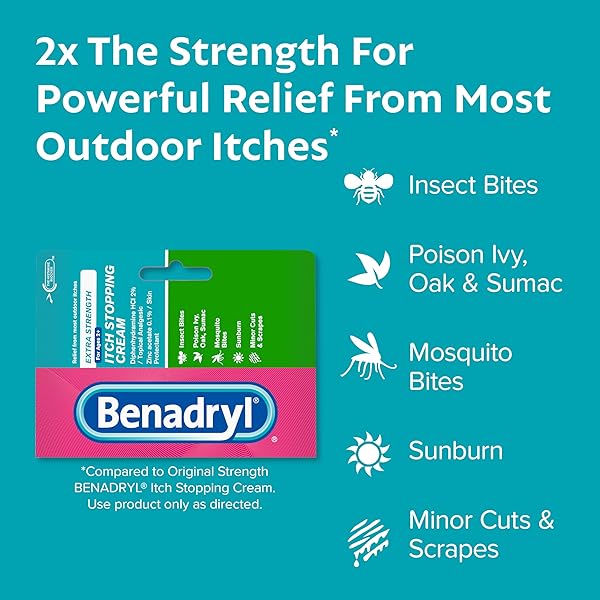 BENADRYL EXTRA STRENGTH ANTI-ITCH TOPICAL CREAM WITH 2% DIPHENHYDRAMINE HCI FOR ITCH RELIEF OF OUTDOOR ITCHES ASSOCIATED WITH POISON IVY, INSECT BITES & MORE, 1 FL OZ