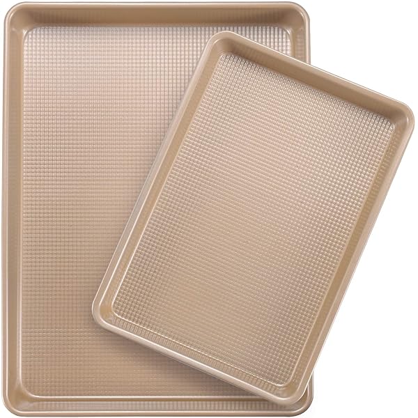 JOHO BAKING COOKIE SHEETS FOR BAKING NONSTICK, 2 PACK HEAVY DUTY 0.8MM BAKING SHEET PAN SET QUARTER(9X13IN) & JELLY ROLL(10X15IN) WITH DIAMOND TEXTURE, GOLD COMMERCIAL GRADE, SMALL OVEN SAFE