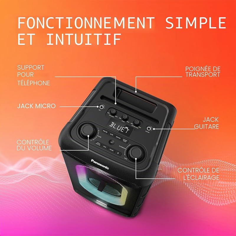 SC-BMAX10E-K Enceinte de Fête Portable avec Bluetooth, Lumières Intégrées, 150W, USB, Entrée Optique pour TV, Entrées Guitare et Micro pour Karaoké, Noir