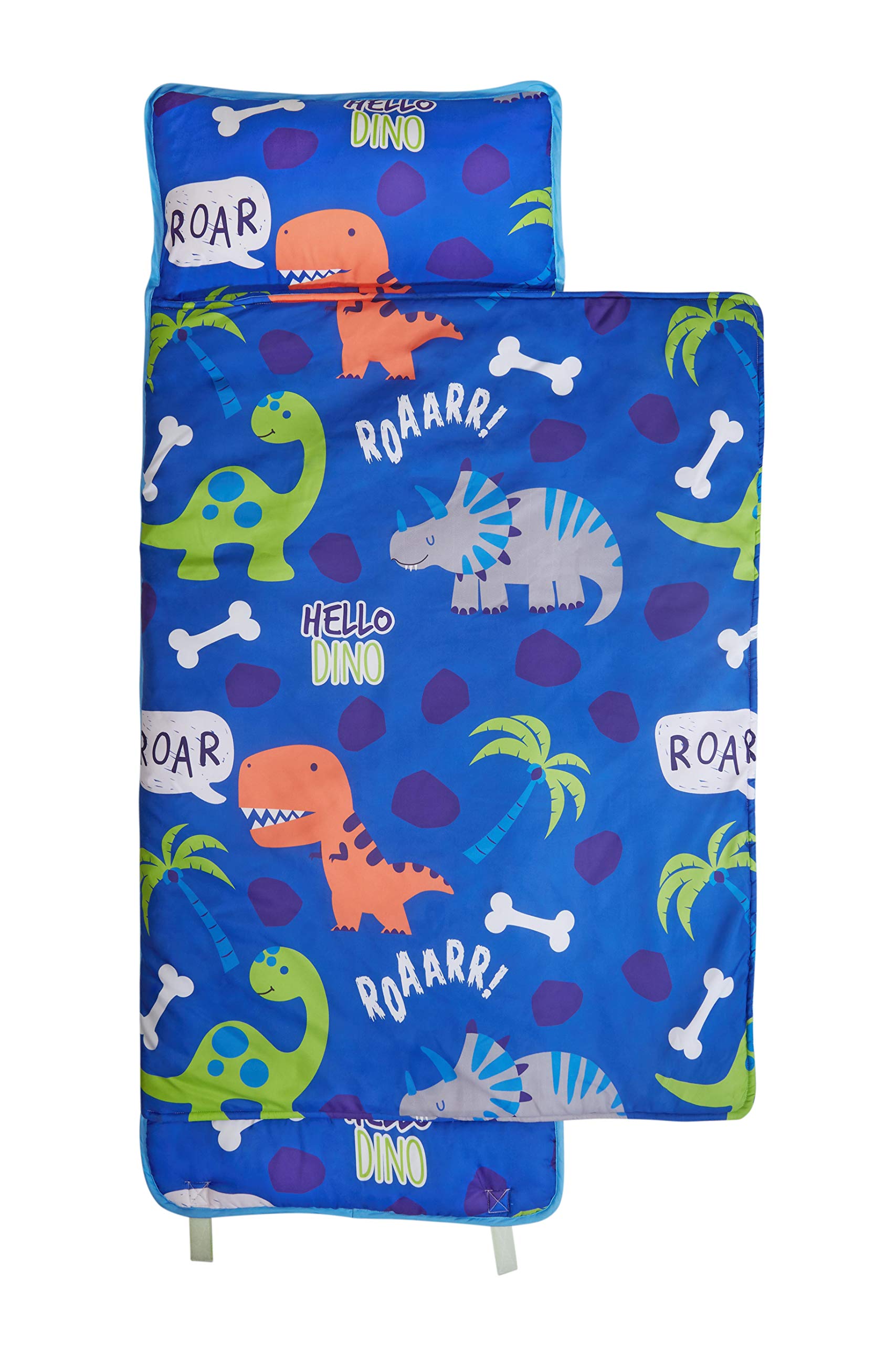 EVERYDAY KIDS Nap Mat with Removable Pillow - Roarin' Dinos - Carry Handle with Straps Closure, Rollup Design, Soft Microfiber for Preschool, Daycare, Travel Sleeping Bag - Ages 3-6 Years
