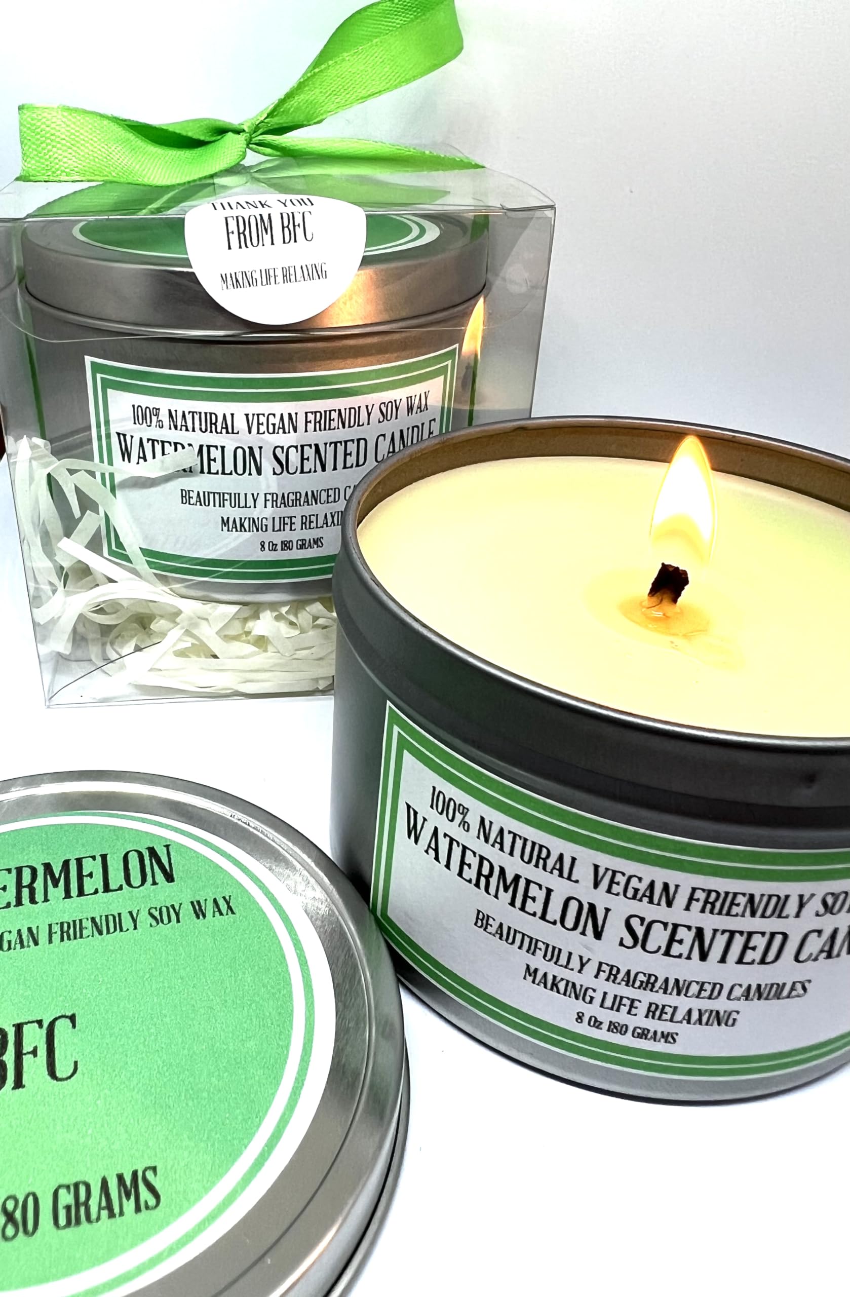 Watermelon Scented Soy Wax Candle - Handmade BFC - Watermelon Scented 36 Hours Burn Time 8 Oz 180 Grams Soy Wax Candle Silver Brush Finish Tin. Watermelon Scented