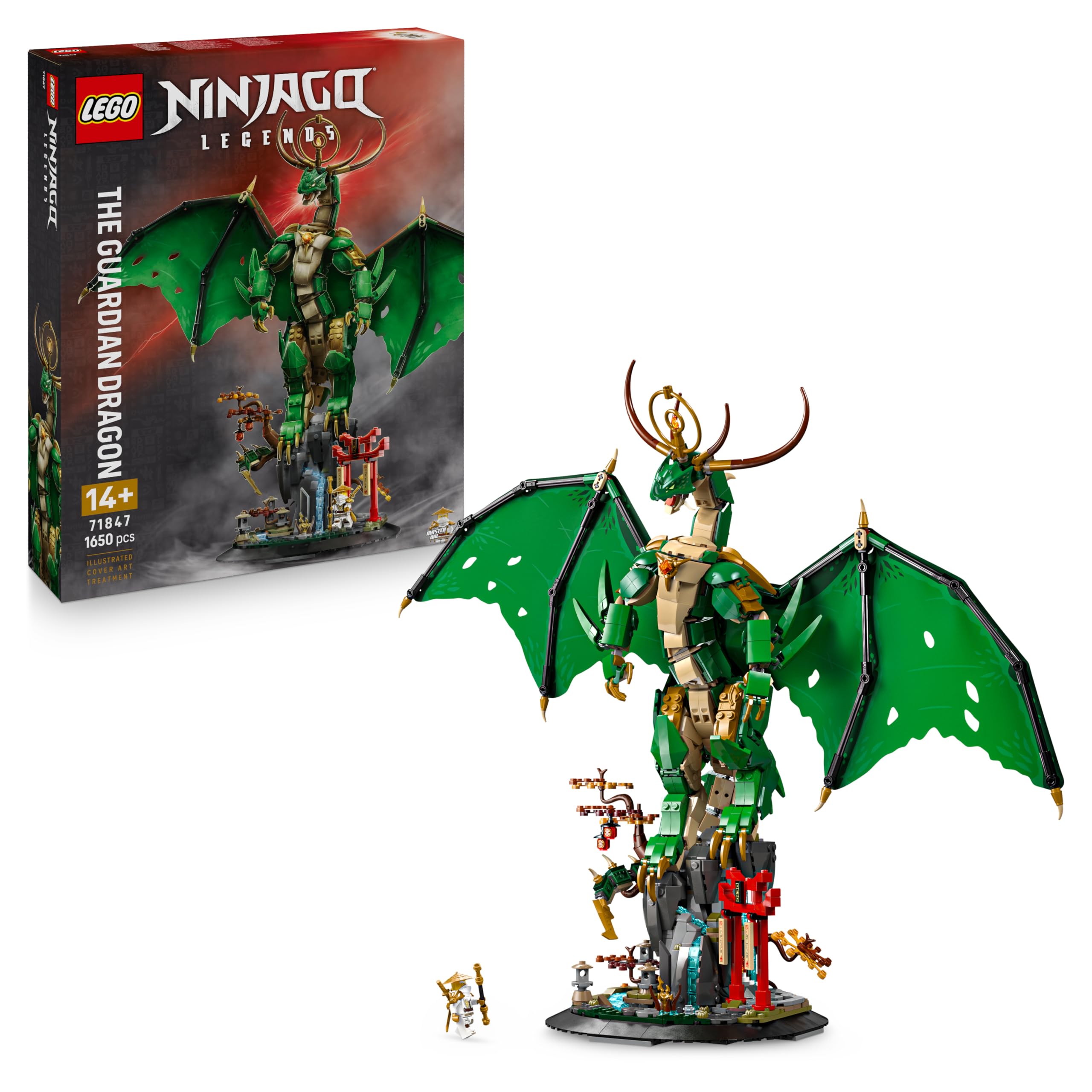 LEGO Ninjago Drago-Guardiano - Giocattolo da Costruire di Action Figure Snodabile con Minifigure del Maestro Wu ed Espositore Effetto Roccia - Regalo per Bambini 14+ Anni Fan di Monstrosity - 71847