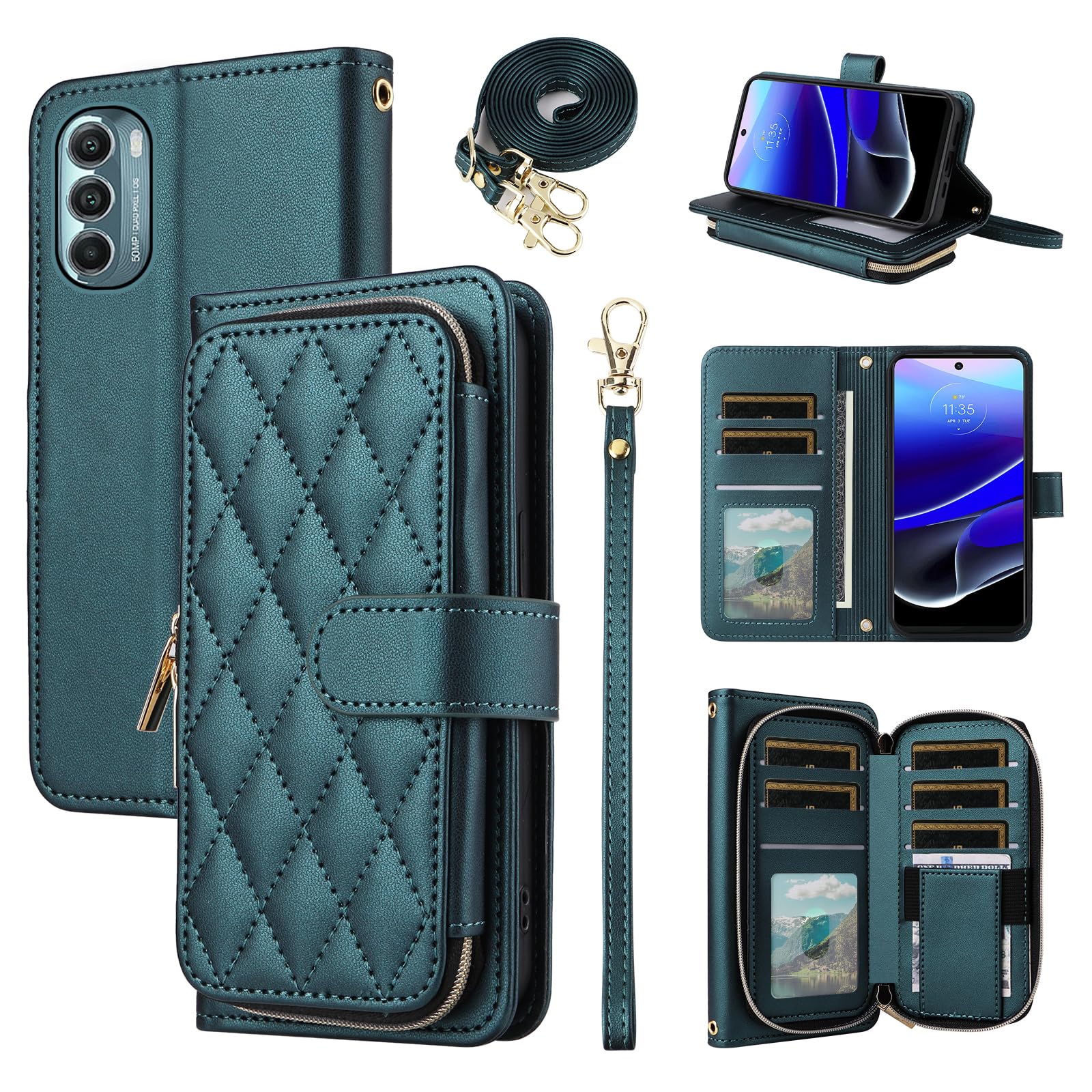 Photo 1 of Furiet Argyle Wallet Case for Motorola Moto G 5G 2022 with Wrist Strap Shoulder Strap, 9+ Card Slots Zipper Purse, Luxury PU Leather Stand Phone Cover for MotoG G5G 2022 XT2213-3 XT2213-2 Green