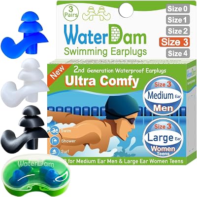 WaterDam WaterDam Ultra Comfy Swimming Ear Plugs Medium Large White Blue Black