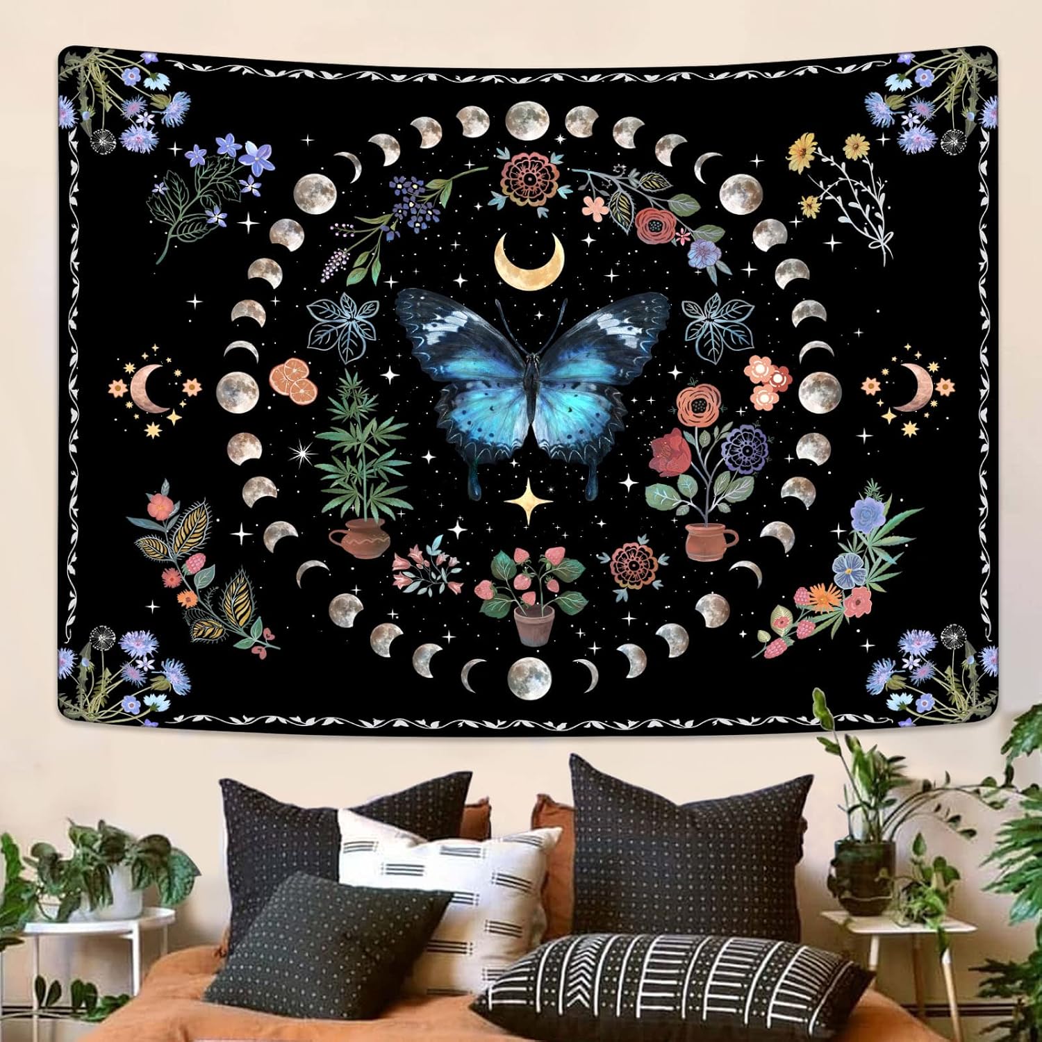 Tapestries - Fowocu Blue Butterfly Moon Flower Tapestry Boho Floral Plant Tapestries for Bedroom Aesthetic Nature Tapastry's Wall Hanging Mandala Botanical Wall Tapestry for Living Room Dorm (Blue, 48'' × 36'')