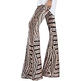 EVALESS Women Sequin Pants Sparkly Glitter High Waisted Wide Leg Flare Trousers Bell Bottom Night Out Clubwear