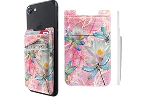 BWEGRHE Cell Phone Adhesive Stick On Wallet Sleeve Double Pocket Lycra Credit ID Card Holder Pouch Little Wallet Pink Dragonfly Design for iPhone ipad Samsung Galaxy Android Smartphones
