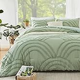 ENJOHOS Sage Green King Size Comforter Set - Boho Tufted Bedding Comforter Sets, Boho Chic Decor, Fluffy Jacquard Rainbow Bedding for All Season, 3 Pieces Lightweight Soft Farmhouse Bed Set
