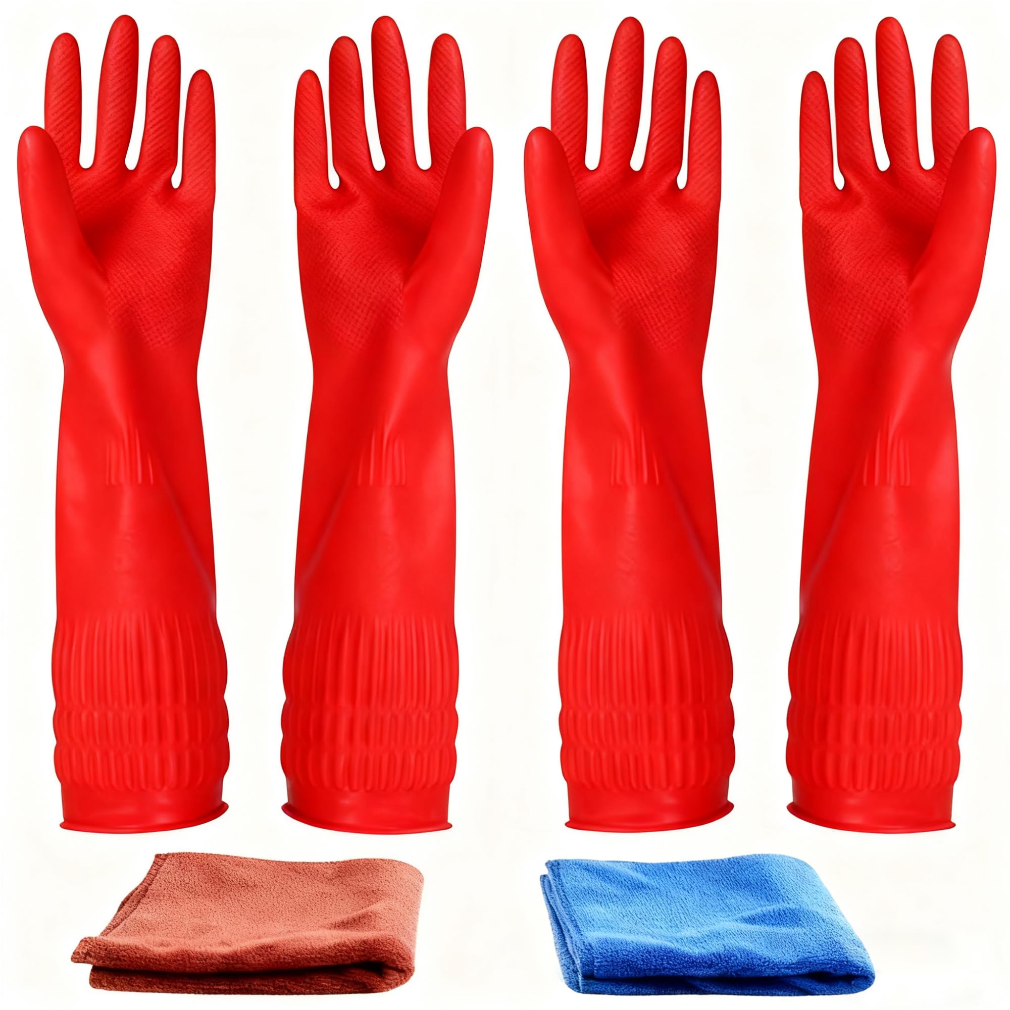 YSLON Rubber Cleaning Gloves Kitchen Dishwashing Glove 2-Pairs and Cleaning Cloth 2-Pack,Waterproof Reuseable. (Red, Medium)