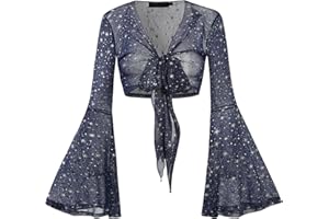 For G and PL Women Tie Front Bell Sleeve Rave Crop Tops Floral Print Hippie Mesh Sheer Shirt