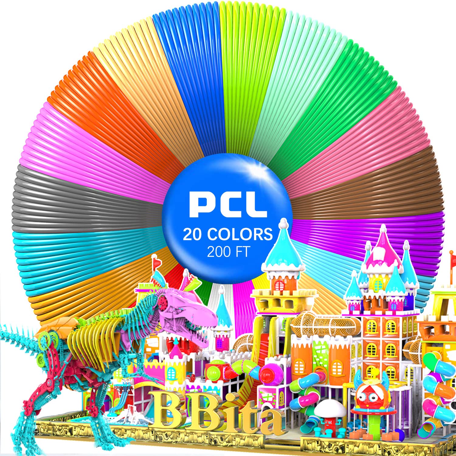 View 1 of 3D Printing Pen PCL Filament Refills 1.75mm, Pack of 20 Colors, Low Melting Temp of 70?, High-Precision Diameter, Non-Toxic Non-Clogging(200 FT)?not Included 3D Pen?