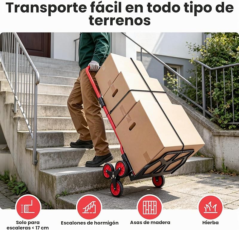Carrinho Dobrável para Subir Escadas, 50 kg Vermelho