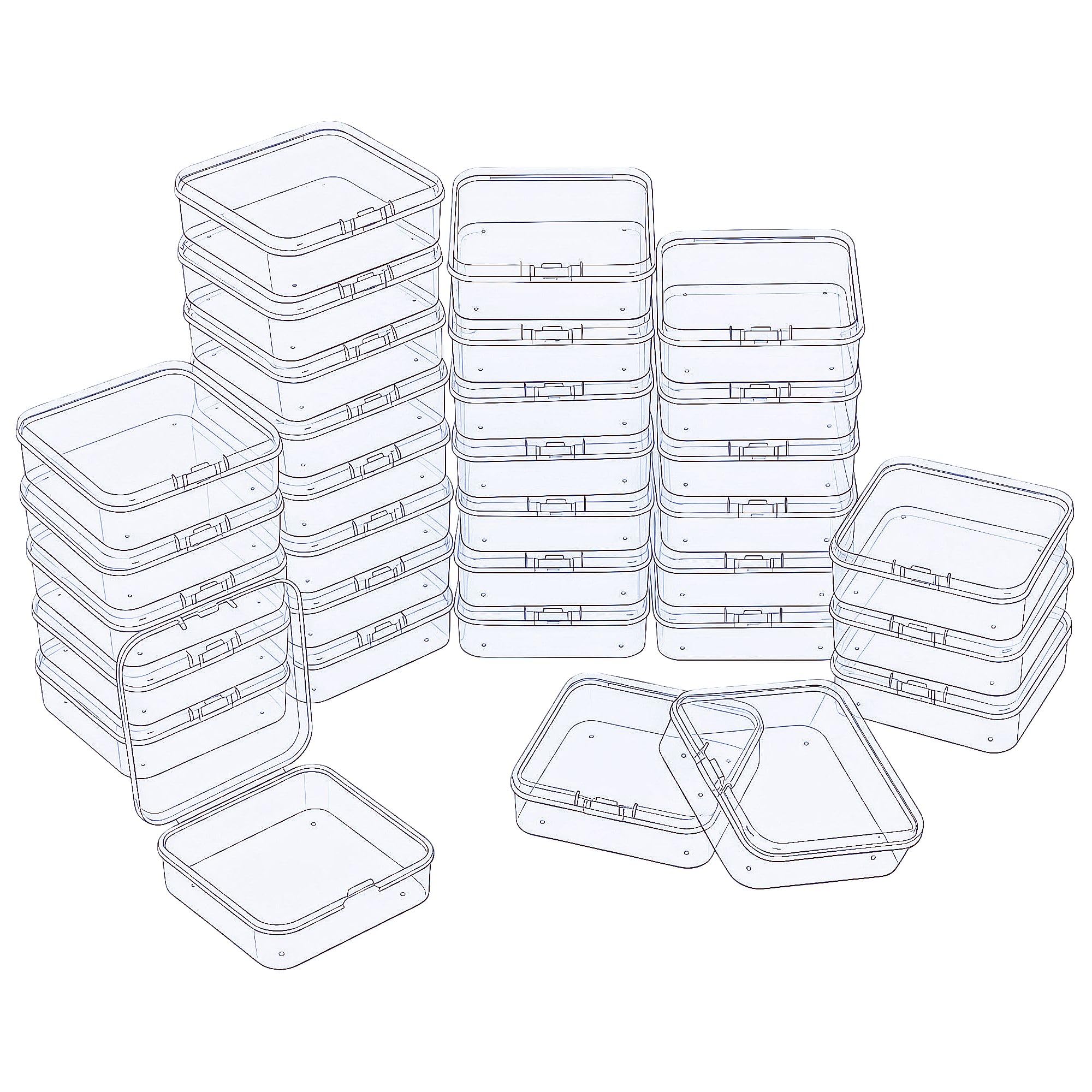 LJY 32 Pack White Transparent Mini Plastic Box with Hinged Lid, 6.5 x 6.5 x 2 cm - Square Small Storage Boxes for Beads, DIY Craft Storage and Hardware Organiser