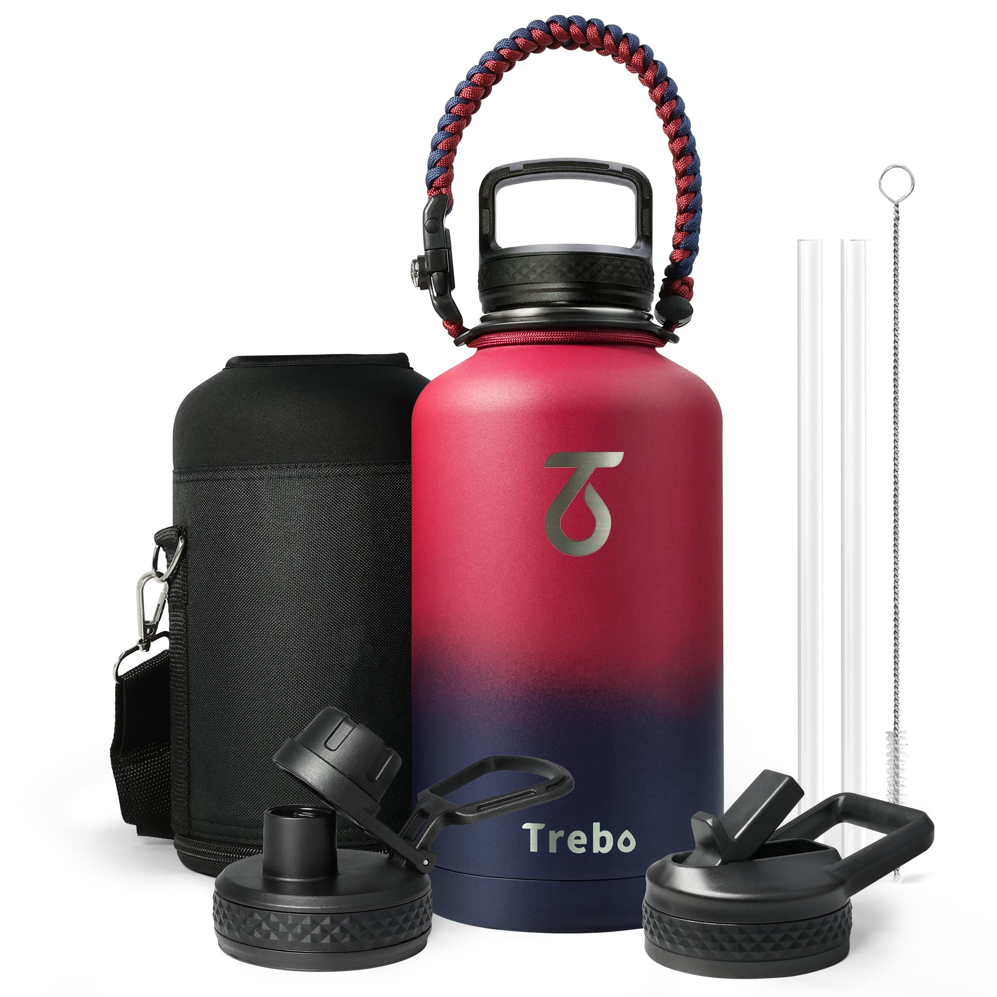 Trebo Metal Bottle with Paracord Handle, Wide Mouth Double Wall Stainless Steel 2 L Sports Bottle, Keeps Cold for 48 Hours, Includes 3 Lids, Ruby Red — image 1