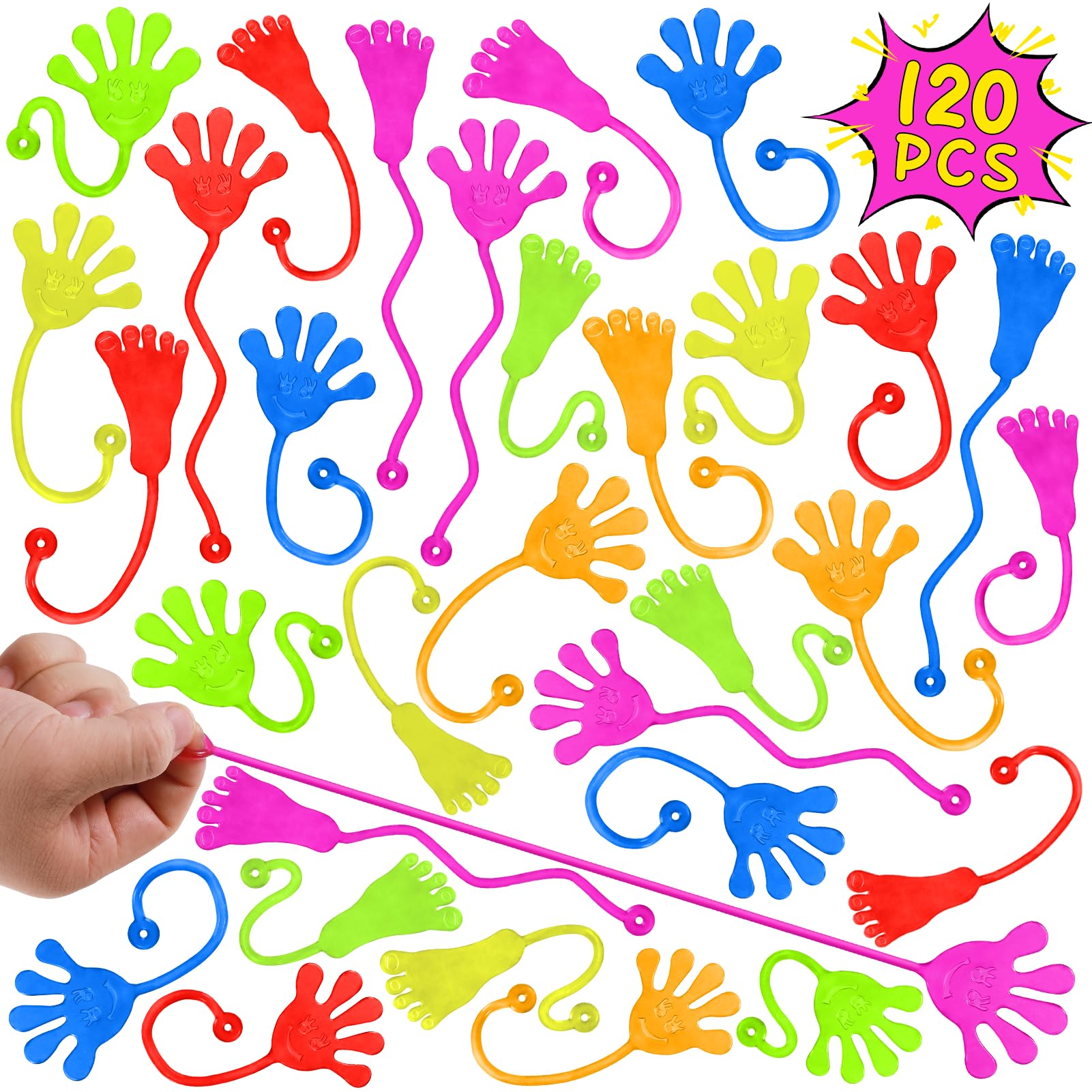 Sticky Hands Bulk 120 PCS Party Favors for Kids 4-8,8-12 Year Stretchy Sticky Hand Feet Goodie Bags Stuffers for Kids Treasure Box Toys for Classroom Small Mini Prizes Trinkets Pinata Stuff