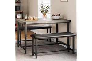 Fancihabor Kitchen Table with Benches, Dining Table Set for 4, Rectangular Dining Room Table Set with 2 Upholstered Benches, 3 Piece Kitchen Table Set for Small Space, Apartment, Studio, Retro Gray