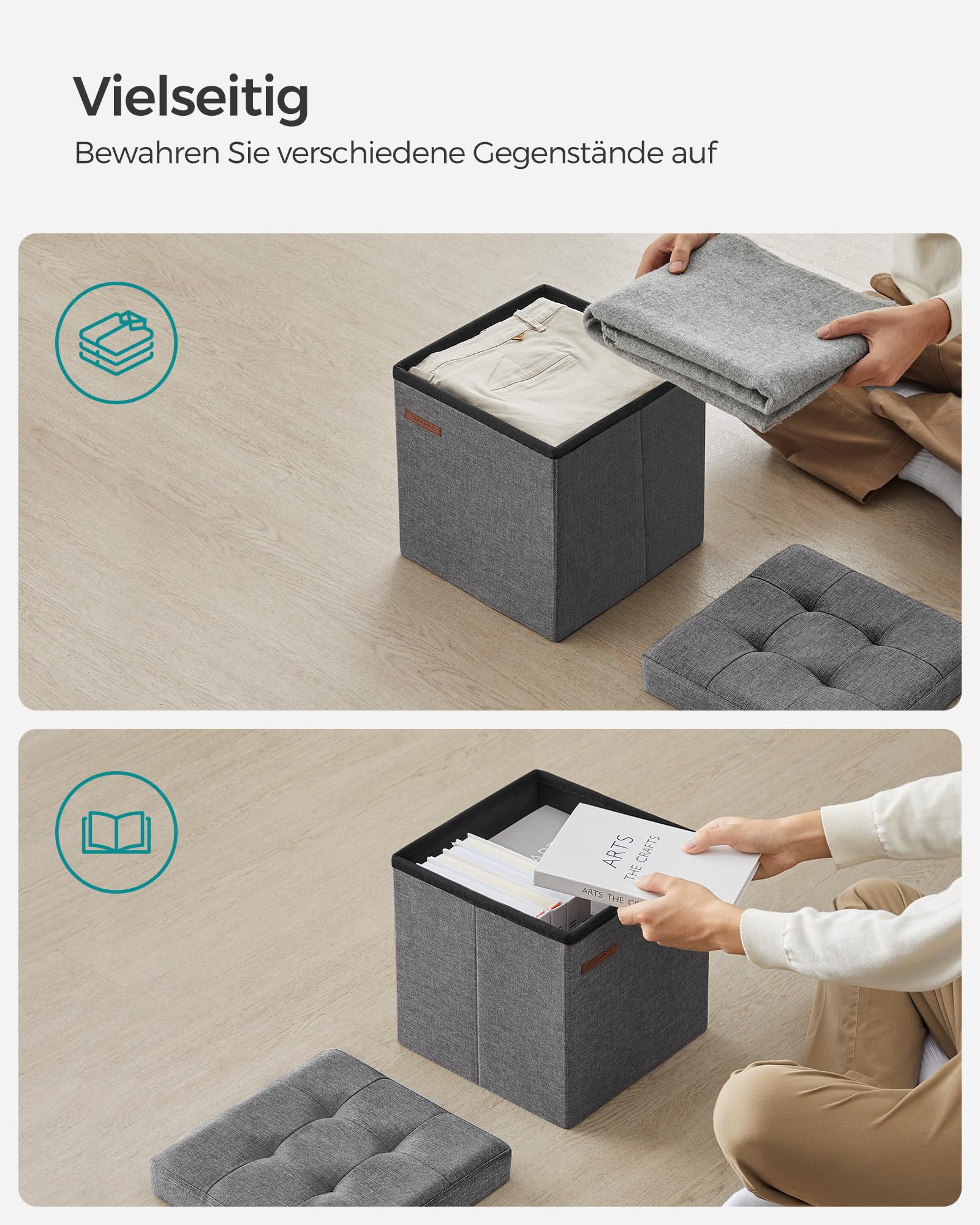 SONGMICS Aufbewahrungshocker, klein, faltbar, 30 x 30 cm, würfelförmiger Fußhocker mit Aufbewahrung, belastbar bis 130 kg, für Wohnzimmer, Schlafzimmer, Schlafsaal, Dunkelgrau LSF028G01 5