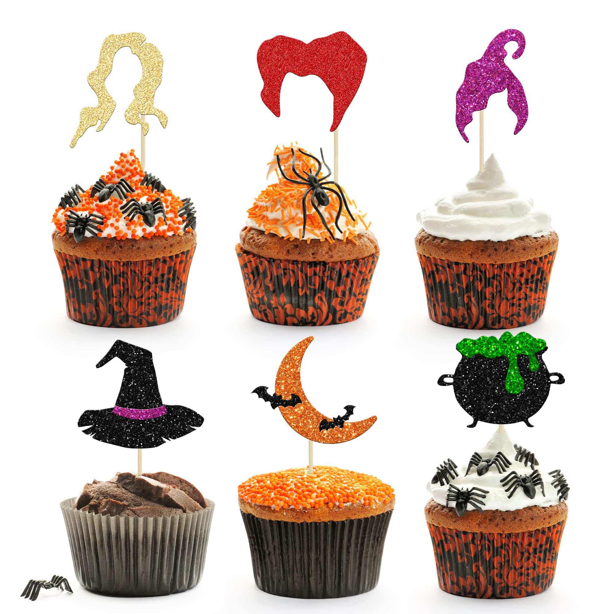 Gyufise 24Pcs Hocus Pocus Cupcake Toppers Witch Hair Halloween Cupcake Picks Trick or Treat Halloween Theme Baby Shower Kids Birthday Party Cake Decorations Supplies