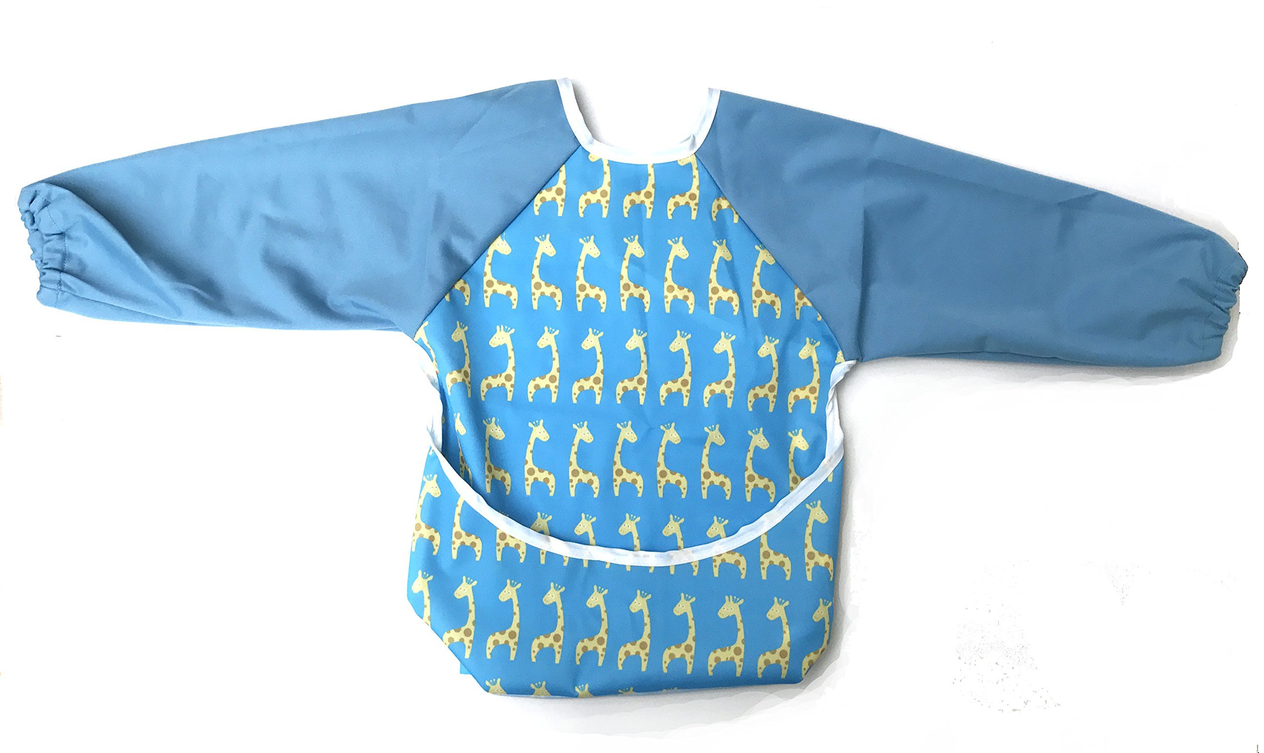 ana wiz Premium Soft Long Sleeve Water Resistant Washable Baby Toddler Bib with Reversible Pocket, Perfect for Feeding and Messy Play (Giraffes)