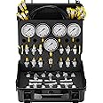 Hydraulic Pressure Test Kit, 10/100/250/400/600bar, 5 Gauges 13 Couplings 14 Tee Connectors 5 Test Hoses, Excavator Hydraulic Test Gauge Set with Carrying Case for Excavator Tractors Machinery