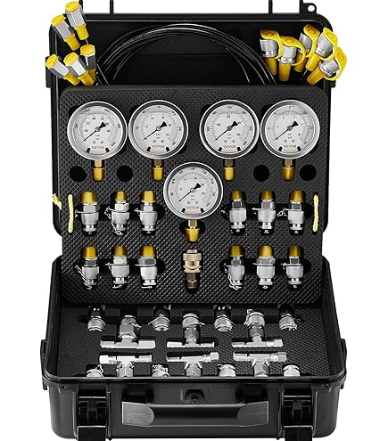 SINOCMP Hydraulic Pressure Gauge Test Kit - 4 Gauges, 4 Hoses, 10 Couplings, 3 Tees For Excavators & Machinery (Gold Case)