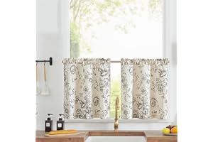 jinchan Floral Linen Tier Curtains 24 Inch Farmhouse Botanic Cafe Drapes for Small Windows Rustic Half Window Curtains for Kitchen Living Room Bathroom Laundry 2 Panels Black on Beige