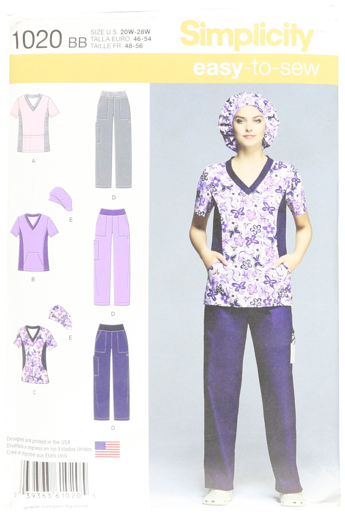 Simplicity Sewing Pattern 1020: Misses' and Plus Scrub Pants and Tops, Size (20W-22W-24W-26W-28W), Paper, White, BB (20W-28W)