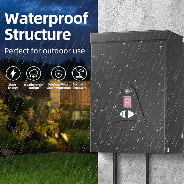 LOW VOLTAGE LANDSCAPE TRANSFORMER, 300W OUTDOOR LOW VOLTAGE TRAMS FORMER WATERPROOF, DUSK TO DAWN SENSOR CONTROL, 120VAC TO 12 V, 2 OUTPUTS FOR OUTDOOR LANDSCAPE LIGHTINGS, ETL LISTED (200, WATTS)