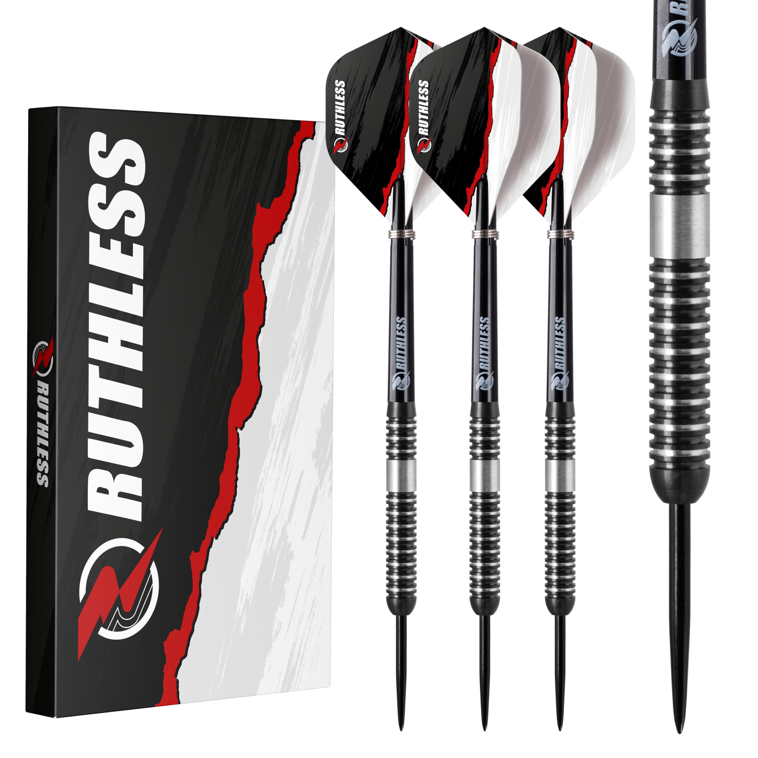 RUTHLESS Night Hawk Professional Tungsten Steeltip Darts Set in 23g and 25g, with Flights and Stems Shafts (25g)