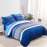 KAKIJUMN 5 Piece Bed in a Bag Stripe Comforter Set Twin Size, White and Blue Patchwork Striped Comforter and Sheet Set, All Season Soft Microfiber Complete Bedding Sets(Blue,Twin)