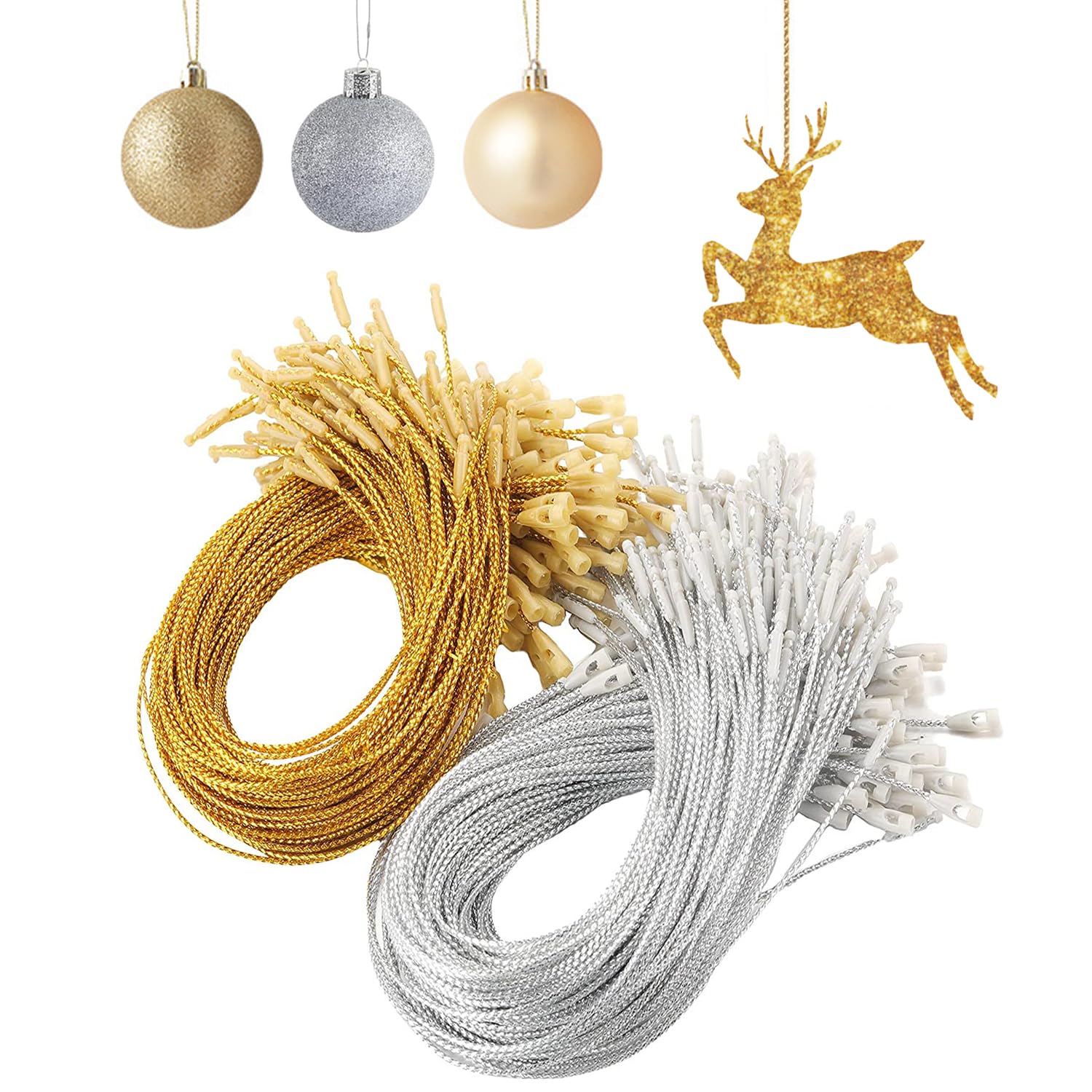 SYEYCW 200 Pcs Christmas Ornament Hangers String, Christmas Tree Strings with Snap Lock Fasteners for Xmas, Precut Hanging Ropes for Baubles, for Christmas Tree Decorations, Gold, Silver