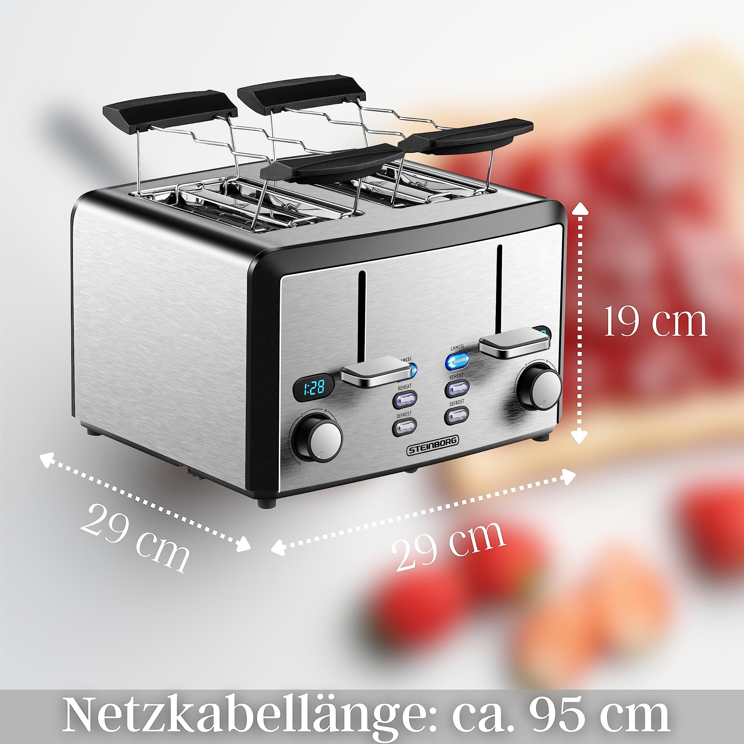 XXL Toaster 4 Toastschlitze | Toastautomat | 1600 Watt | 6-Stufen Bräuneregler | 2x Brötchenaufsatz | Auftau-Funktion | 2x Krümelschubladen | Edelstahl | 4-Fach | LED Displays 8