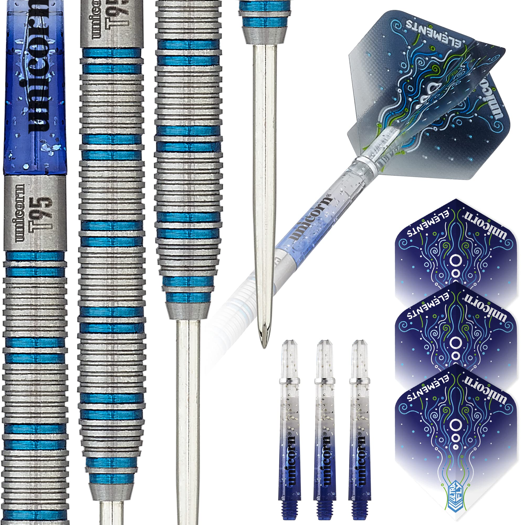Unicorn Steel Tip Professional Darts Set | Core T95 Series Style 1 | 95% Tungsten Barrels with Blue Accents | 20 g