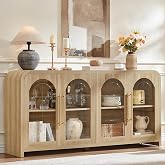 JINVICJIASI 65" Sideboard Buffet Cabinet with Arched Glass Doors, Natural | Modern Wood Sideboard, Spacious Storage Credenza, Adjustable Shelves, Living Room Accent Cabinet, Kitchen &amp; Entryway Use
