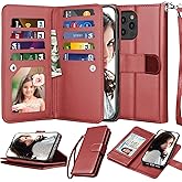 Njjex iPhone 12 Pro Max Wallet Case (2020) with 9 Card Slots, PU Leather, Detachable Kickstand, Lanyard & Magnetic Closure - Wine Red