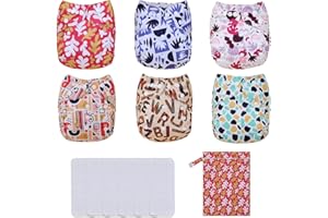 TDIAPERS Baby Cloth Diapers Washable Reusable One Size Adjustable for Baby 6 Pack with 6 Pcs Microfiber Inserts, 1 Wet Bag
