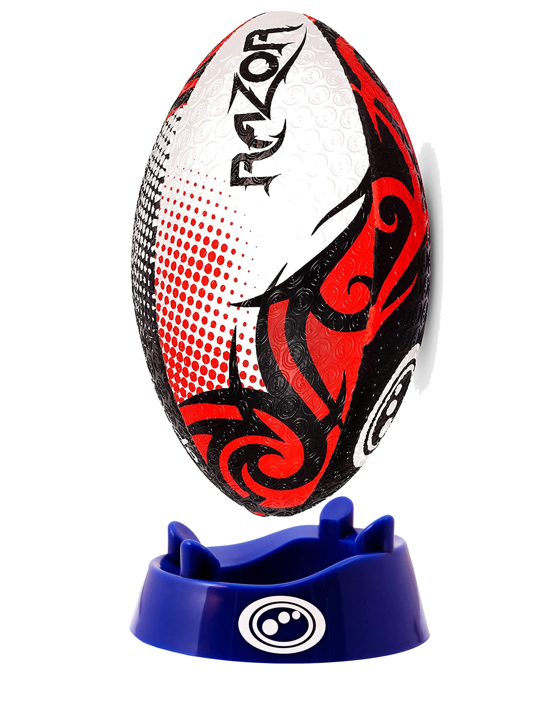 Optimum Razor Rugby Ball - Perfect for Training & Gameplay, Great Flight & Air Retention, Rubber Dimpled Surface for Grip, 2-Ply 410g - Black/Red, Size 4 - Includes Kicking Tee