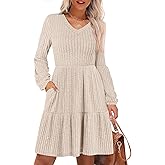 ANRABESS Women's Long Lantern Sleeve Ribbed Knit Dresses V Neck Casual 2025 Fall Winter Flowy Swing Tunic Sweater Short Dress