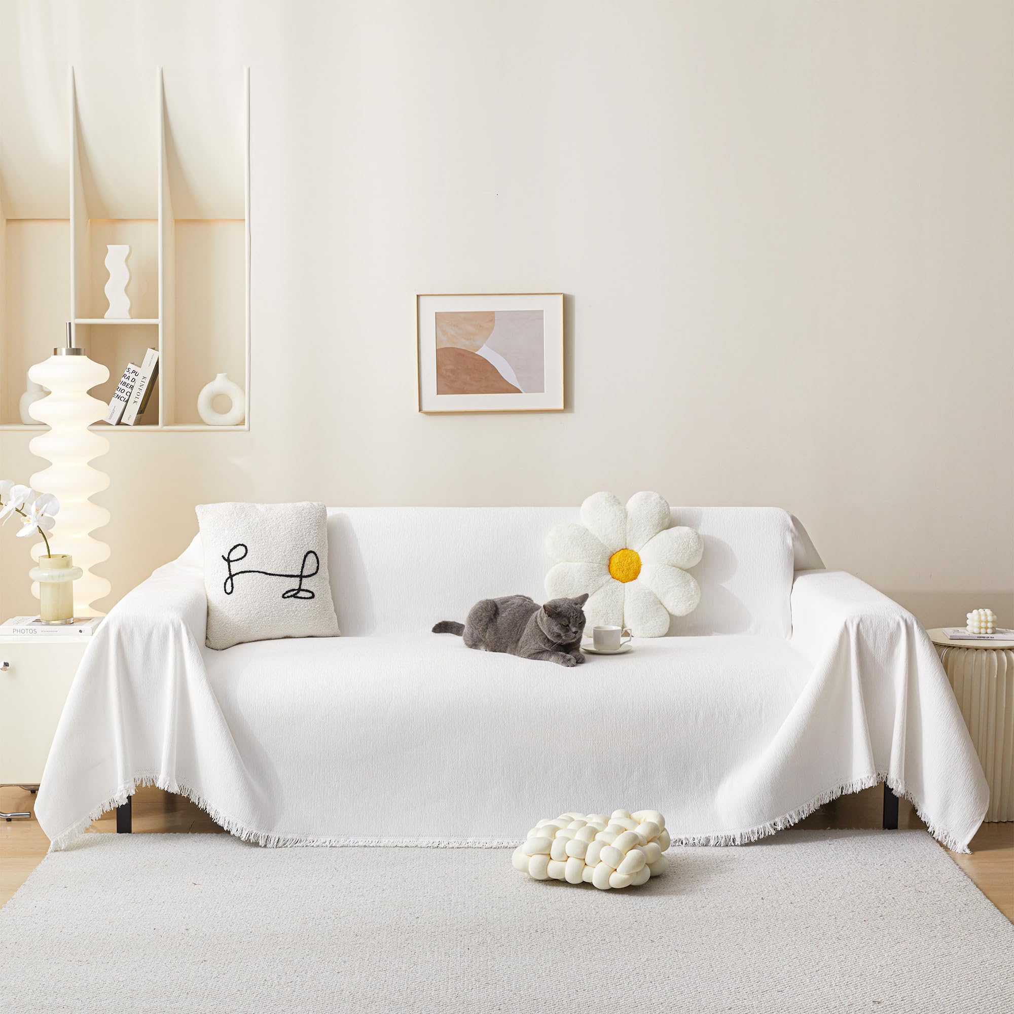 Photo 1 of MEETSKY Couch Covers for 3 Cushion Couch Sofa Covers Washable Decorative Sectional Couch Covers Sofa Slipcovers, Soft Chenille Blend Throw Cover for Living Room, 91" x 134", White