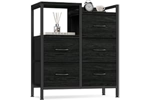 Furnulem 5 Drawer Black Dressers for Bedroom 2 Tier Shelf Storage Small Fabric Dresser for Closet Sturdy Metal Frame Modern Style Storage Cabinets Organization Units for Hallway Rooms