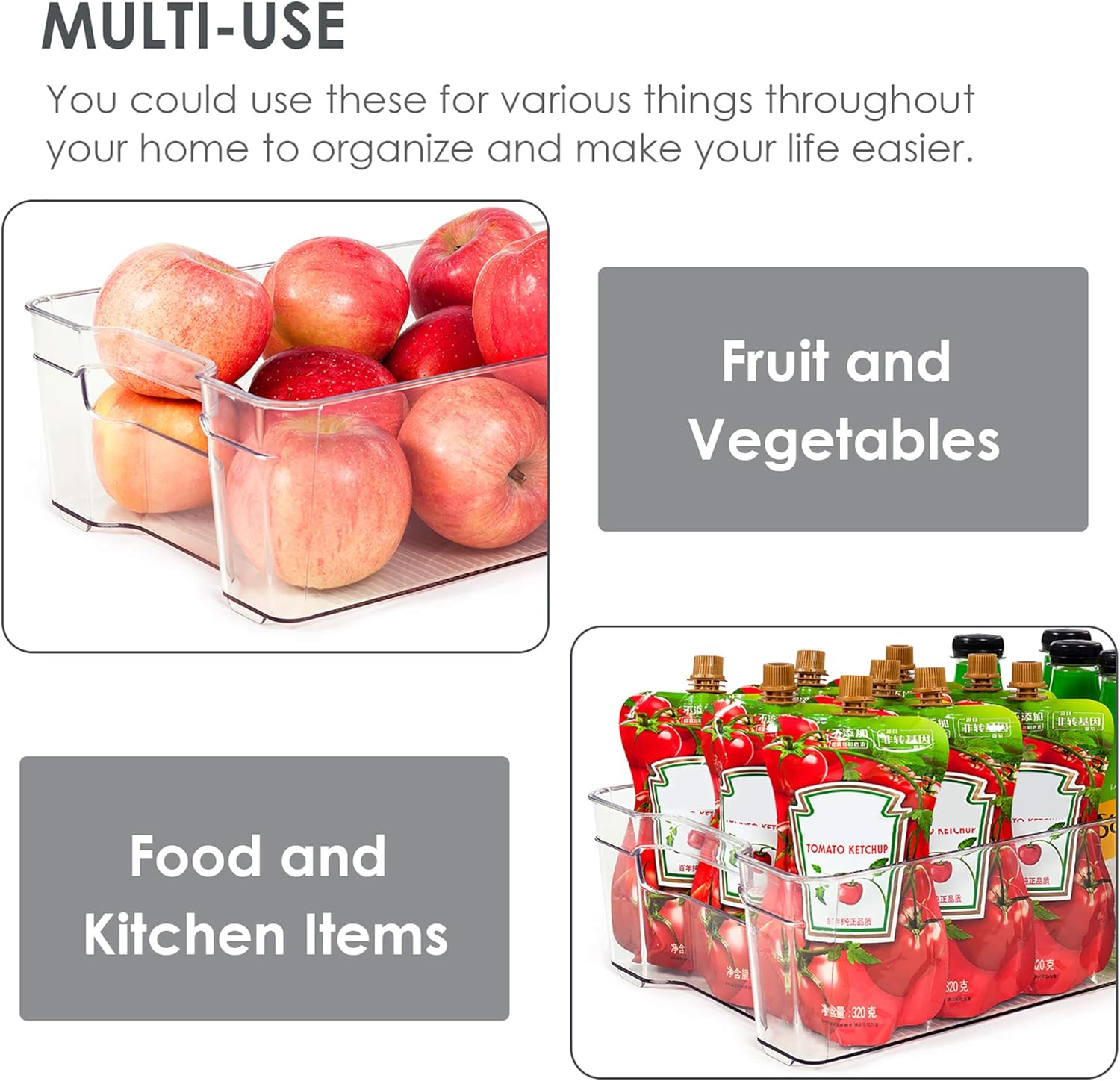 Refrigerator Organizer Bins, Vtopmart 4 Pack Large Clear Plastic Food Storage Bin with Handle for Freezer, Cabinet, Fridge, Kitchen Pantry Organization and Storage, BPA Free, 14.5" Long: Kitchen & Dining