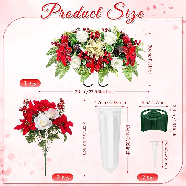 GIEGXIN 3 PCS CHRISTMAS HEADSTONE FLOWER SADDLE CEMETERY FLOWERS FOR GRAVE RED GOLD POINSETTIA BERRY ROSES ARTIFICIAL MEMORIAL BOUQUETS WITH VASE OUTDOOR GRAVEYARD DECORATION FOR TOMBSTONE HEADSTONE