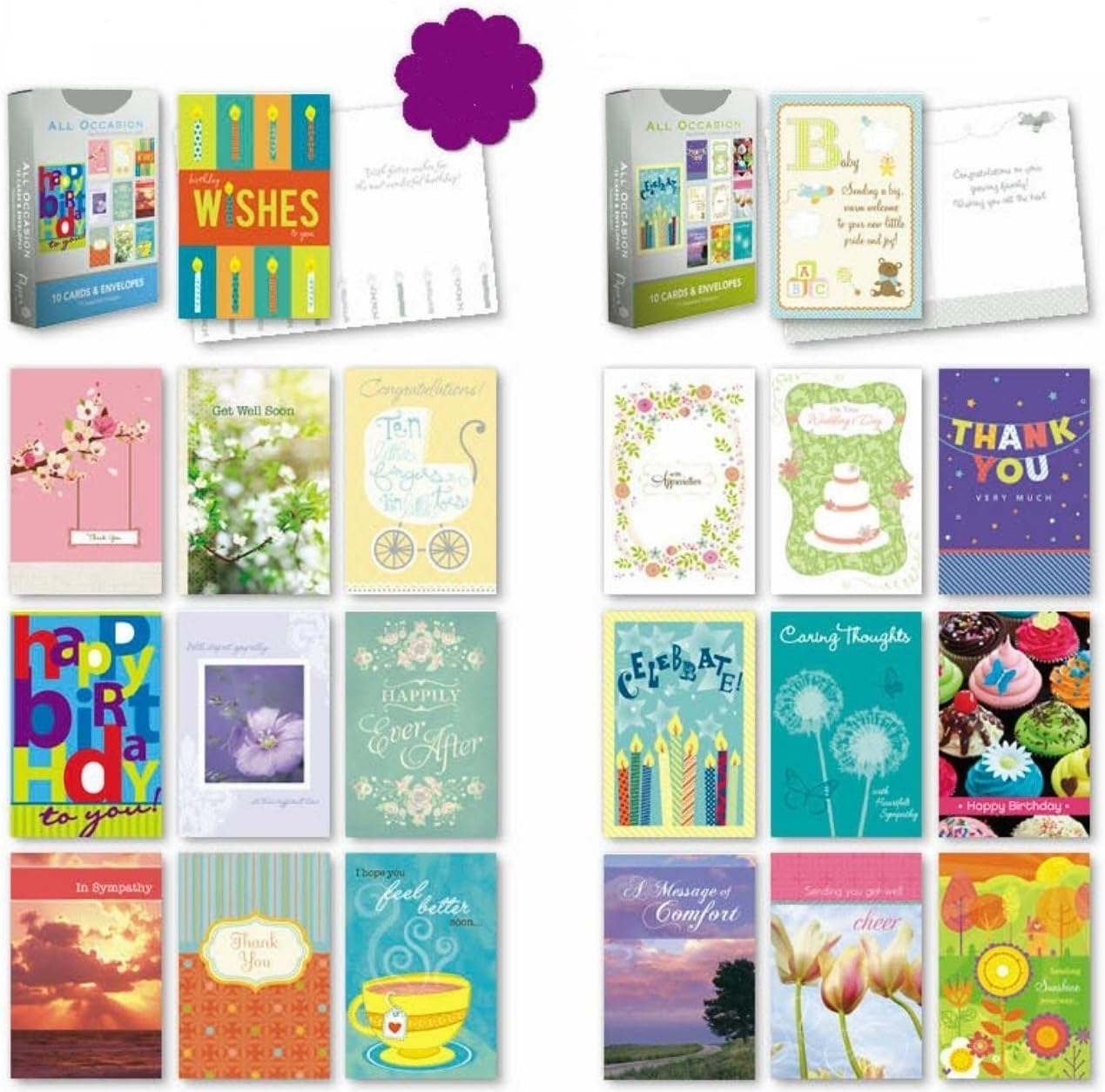 Value Pack Assorted All Occasion Cards Box Set of 20 Different Designed Thinking of You, Blank Cards, Thank You, Congratulations & Birthday Greeting Cards Assortment in Bulk