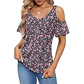 Micoson Cold Shoulder Tops for Women Summer Short Sleeve Shirts Ladies Floral Ruched Blouse Classic Cute V Neck Tunic