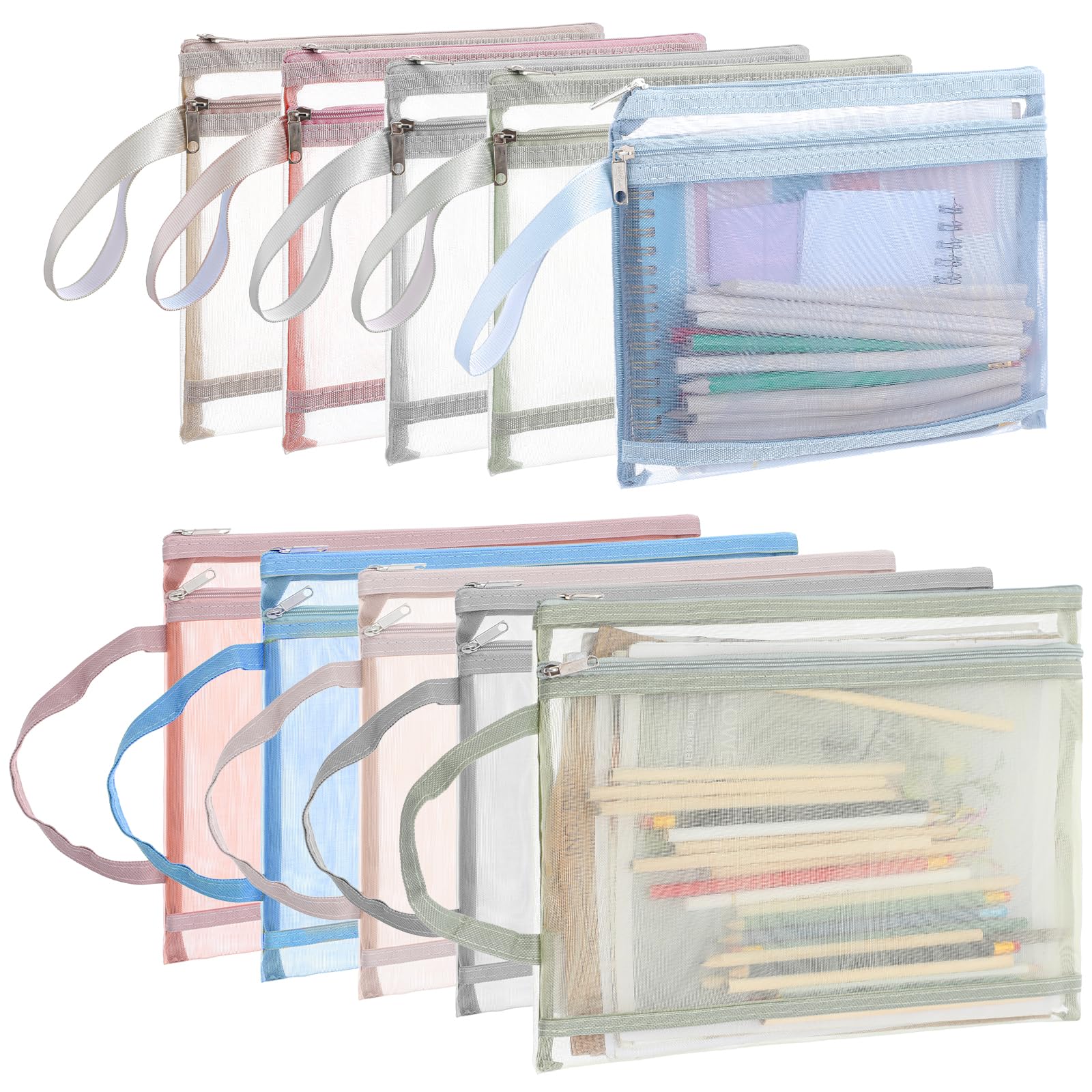 Photo 1 of 10 Pack Colored Mesh Zipper Pouch Bags, Double-Layer Nylon Building Block Sets Toy Storage & Organization, Breathable See Through (5Pcs A4+5Pcs A5) Zipper Pouch with Handle for Activity Office Games ?