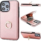 Folosu Compatible with iPhone 14 Pro Max Case Wallet with Card Holder, 360°Rotation Finger Ring Holder Kickstand, RFID Blocking Leather Protective Double Buttons Shockproof Cover 6.7 Inch Rose Gold