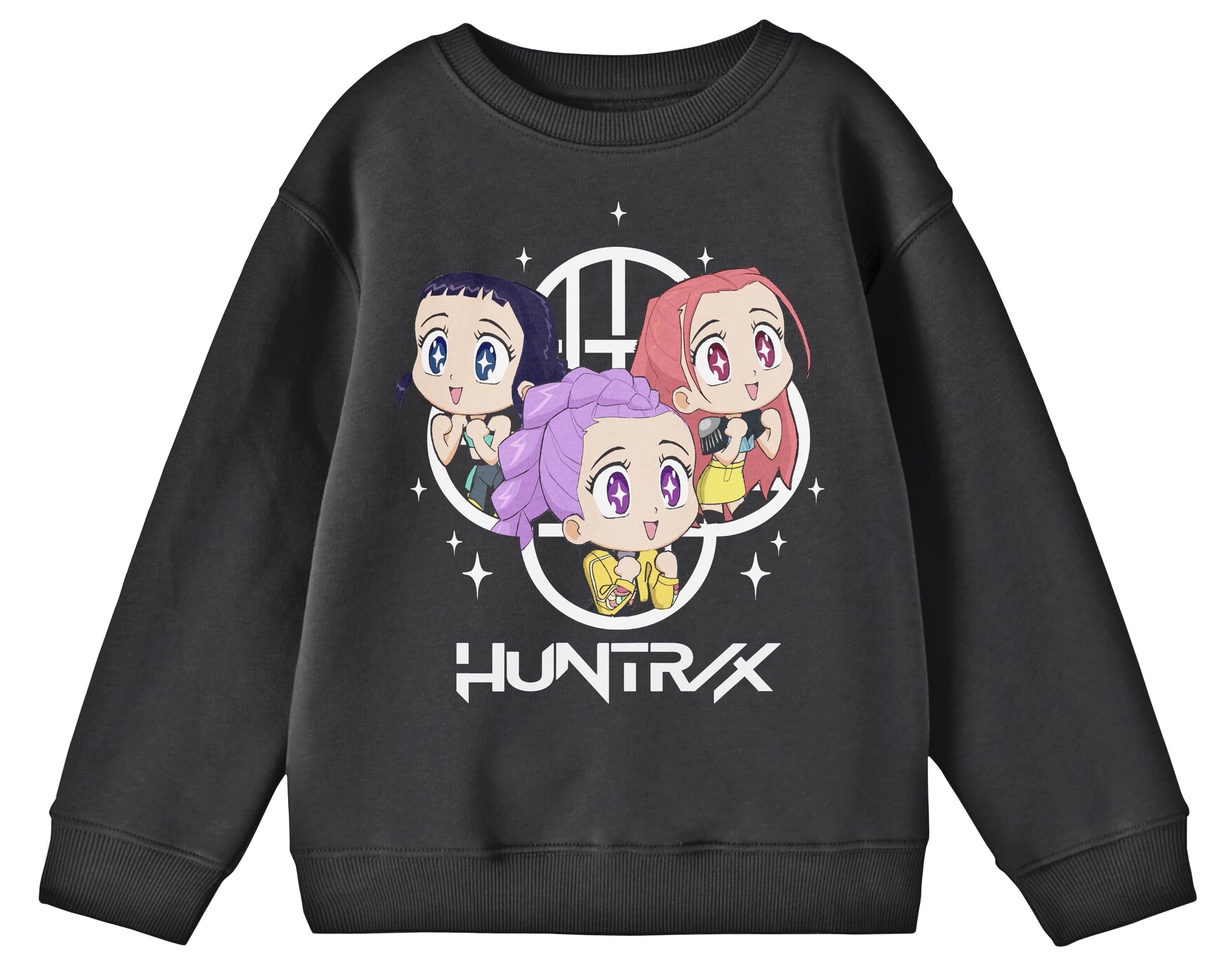 View 1 of **Grey***Kpop Demon Hunters HuntrX Excited Kawaii Chibi Art Youth Black Crew Neck Long Sleeve Sweatshirt
